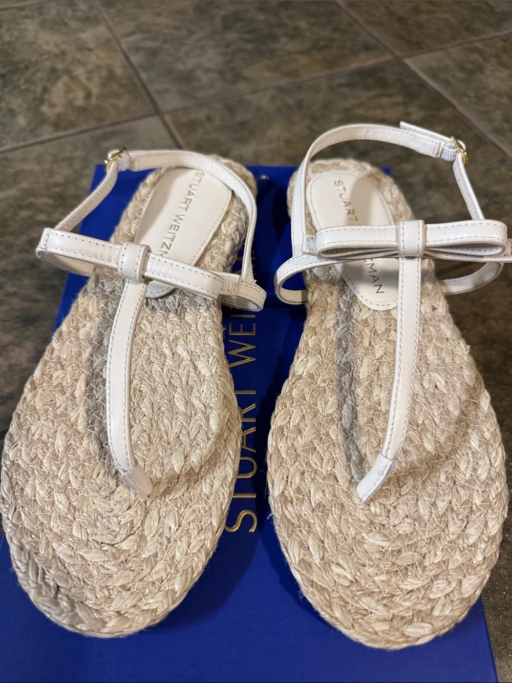 Stuart Weitzman White Braided Espadrille T-Strap Sandals